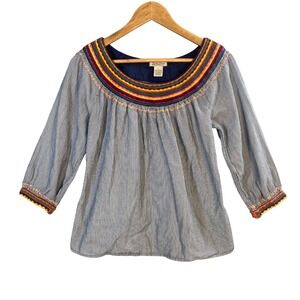 Vintage Lucky Brand Top Small Striped Embroidered Boho Peasant Cottage Coastal